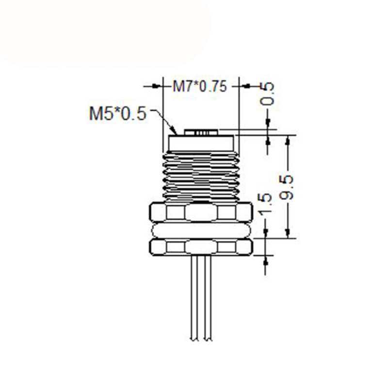 M5 3pins A code female straight front panel mount connector,unshielded,single wires,26AWG 0.14mm²,brass with nickel plated shell